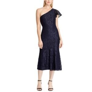 Ralph Lauren Metallic Lace One Shoulder Midi Cocktail Dress Navy Blue Size 14